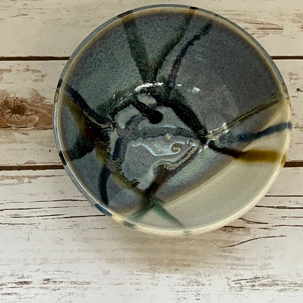 Studio Pottery Bowl Blue Cream Reactive Glaze Artisan Ceramic 6.5in